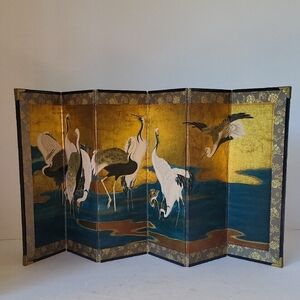 Vintage Folding Byobu 6 Screen Panel with Cranes on Gold Leaf